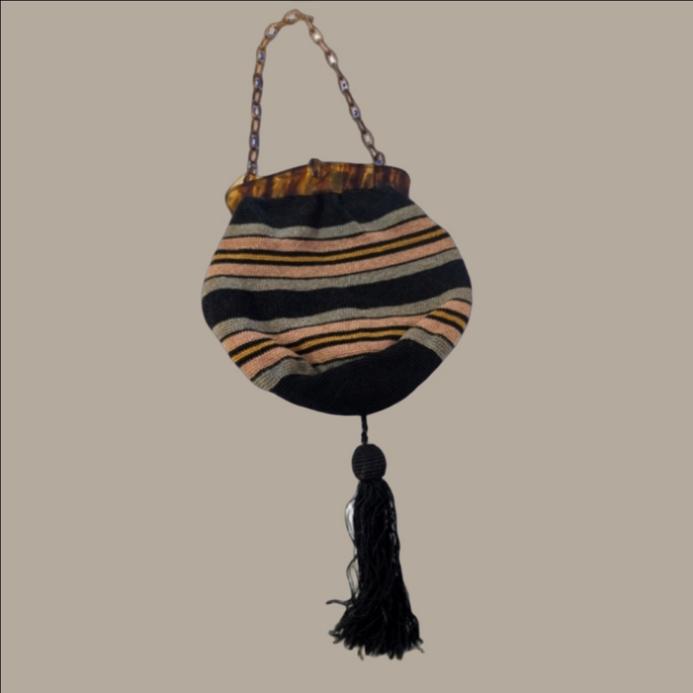 Vintage  Bag Art Deco 1920s  Black Striped Art Deco Fabric. Mint Condition